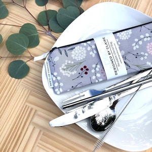 Zero waste reusable utensil set, eco friendly stainless steel set, a great way to say no to single use plastic, Gray Floral with Navy