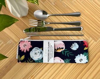 Zero waste reusable utensil set, eco friendly stainless steel set, a great way to say no to single use plastic, Navy with Pink Spring Floral