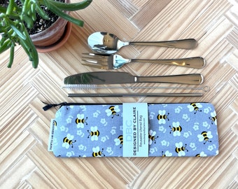 Zero waste reusable utensil set, eco friendly stainless steel set, a great way to say no to single use plastic, Gray  with bees