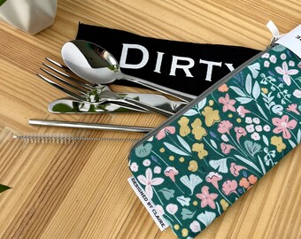 Zero waste reusable utensil set, eco friendly stainless steel set, a great way to say no to single use plastic, Muted Teal Floral