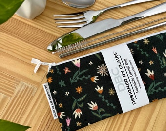Zero waste reusable utensil set, eco friendly stainless steel set, a great way to say no to single use plastic, Dark Green Floral
