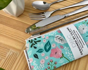 Zero waste reusable utensil set, eco friendly stainless steel set, a great way to say no to single use plastic, Aqua, Pink & White Floral