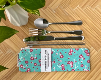 Zero waste reusable utensil set, eco friendly stainless steel set, a great way to say no to single use plastic, Spring Trees, Aqua and Pink