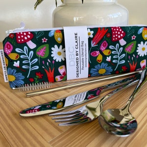 Zero waste reusable utensil set, eco friendly stainless steel set, a great way to say no to single use plastic, Nature with Mushrooms