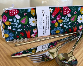 Zero waste reusable utensil set, eco friendly stainless steel set, a great way to say no to single use plastic, Nature with Mushrooms