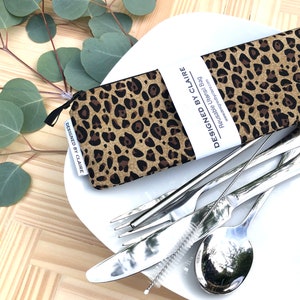 Conjunto de utensílios reutilizáveis com desperdício zero, conjunto de aço inoxidável ecológico, uma ótima maneira de dizer não ao plástico descartável, Leopard com Preto