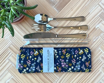 Zero waste reusable utensil set, eco friendly stainless steel set, a great way to say no to single use plastic, Navy Dark Floral