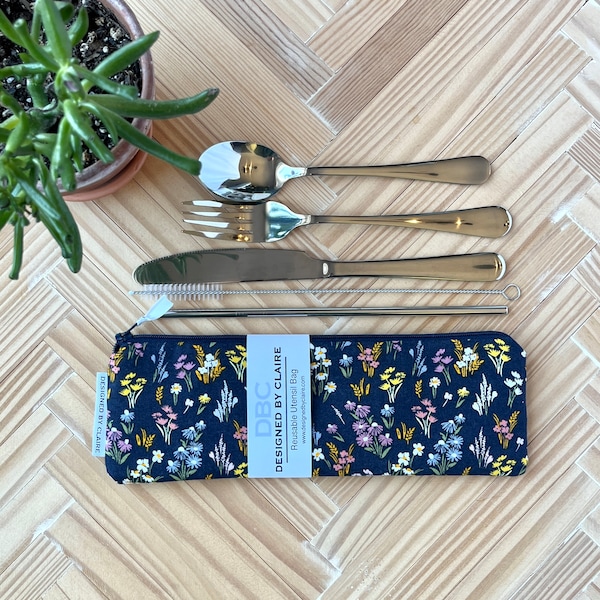 Zero waste reusable utensil set, eco friendly stainless steel set, a great way to say no to single use plastic, Navy Dark Floral