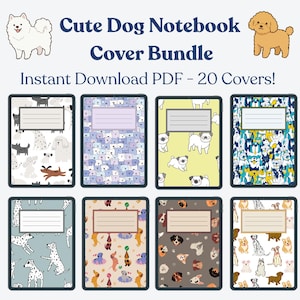 Pode incluir: Um pacote digital de 20 capas de caderno com várias ilustrações de cães. O texto diz Cute Dog Notebook Cover Bundle e Instant Download PDF - 20 Covers!. Cada capa exibe um padrão único de cães em diferentes cores.