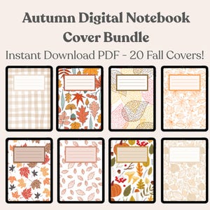 May include: An image displays eight digital notebook covers with fall-themed designs. The covers feature patterns like plaid, autumn leaves, and botanical illustrations. Each cover has a rectangular label for text. The text at the top reads "Autumn Digital Notebook Cover Bundle".