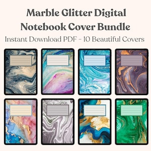 May include: A collection of digital notebook covers with marble and glitter designs. Each cover features a unique color palette, including blue, gold, pink, and green. The covers have a rectangular label with lines for writing. The text at the top reads "Marble Glitter Digital Notebook Cover Bundle."