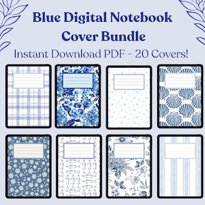Könnte beinhalten: Blaues digitales Notizbuch-Cover-Bundle mit 20 Covern. Die Cover zeigen verschiedene blau-weiße Muster, darunter Karomuster, Blumenmuster und Muscheldesign. Jedes Cover hat einen weißen rechteckigen Bereich für einen Titel.