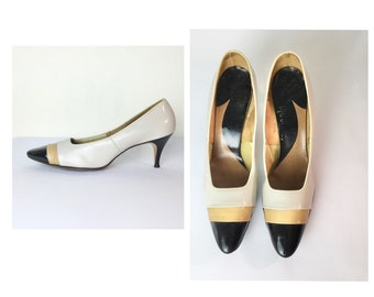 vintage 1950s pumps high heels shoes|50s leather stilettos|patent leather black heel & toe|vintage Life Stride| 8 narrow