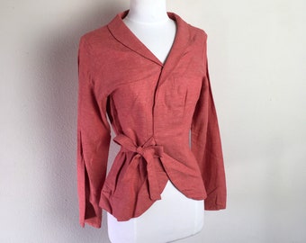vntg Sedona desert orange wrap around tie top|cotton blouse|spring wrap jacket|long sleeve light jacket M - L