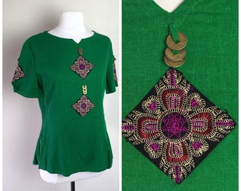 vintage lucky Chinese coin forrest green short sleeve top shirt|tribal Asian embroidered oriental blouse L large