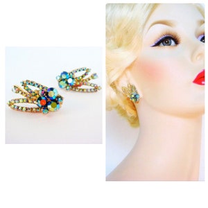 50s vintage comet aurora borealis AB rhinestone earrings|1950s Julianna style costume jewelry clip on rhinestone earrings|prong set bling