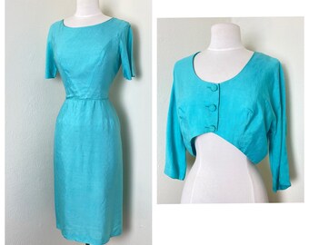 vintage 1950s dress wiggle pencil & bolero∙50s mid century modern dress suit blazer fitted∙ turquoise silk linen by Sa’bett of California,m