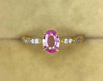 Natural Pink Sapphire Engagement Ring, Diamond 14k Solid Gold Wedding Ring