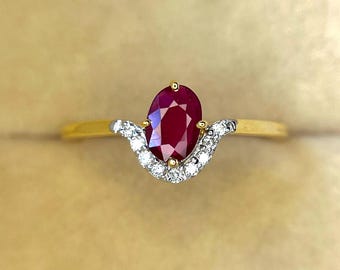 Vintage Oval Ruby Engagement Ring, 14k Gold Diamond Accent