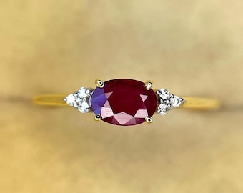 Vintage Oval Cut Ruby Ring, 14k Solid Gold Ruby Diamond Ring, Art Deco Red Ruby Diamond Minimalist Ring, Ruby Proposal Ring for Her.