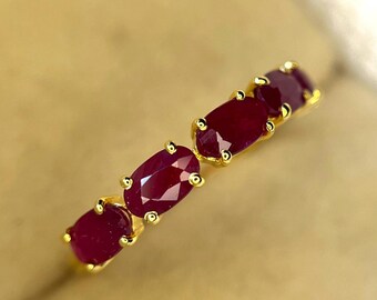 Oval Ruby Engagement Ring, Half Eternity 14k Gold Band