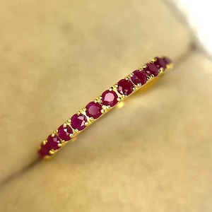 Natural Red Ruby Engagement Ring, Half Eternity Elegant Ruby Band Solid 14k Gold Wedding Ring, Round Cut Vintage Ruby Band For Love.