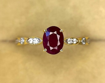 Vintage 14k Solid Gold Ruby Ring, Diamond Accent, Handmade