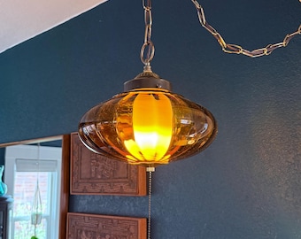 Vintage MCM Amber Glass Saucer Swag Lamp