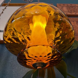 May include: A unique, amber-colored glass pendant lamp with a textured surface. The lamp has a mushroom-like shape and hangs from a chain. The interior glows with a warm light, creating a cozy ambiance. The lamp is suspended above green leaves.