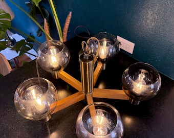 Vintage Brass, Glass, and Wood Chandelier