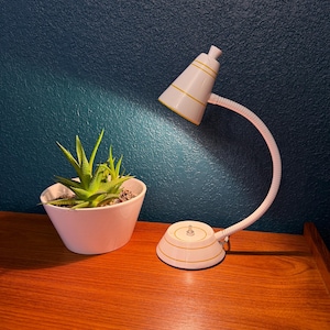 May include: A white desk lamp with yellow stripes and a flexible neck is positioned on a wooden surface. A small potted succulent plant sits to the left of the lamp. The background is a dark teal wall.