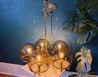 Vintage Brass and Smoke Glass Chandelier - Diamond Lighting Fixture Corp