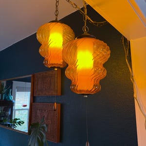 PAIR MCM Orange Glass Beehive Swag Lamps - Rewired