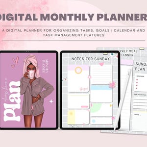 May include: Digital monthly planner with a modern design, featuring over 100 pages. The image shows a tablet with a woman in pajamas and a towel, holding a mug. The planner includes undated, hyperlinked pages for task management.