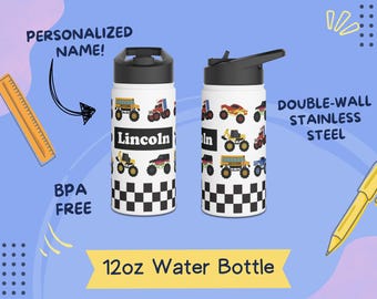 Personalized Monster Truck Water Bottle – Stainless Steel Kids Drinkware