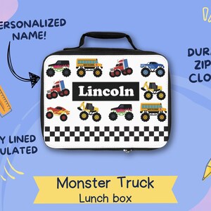 Personalized Kids Lunch Bag with Monster Trucks Design