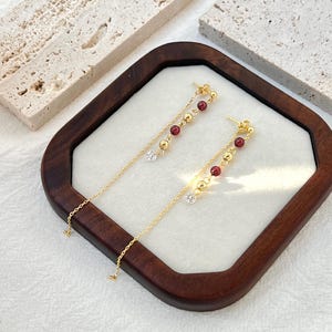 18K Gold Garnet Gemstone Beaded Thread Dangle Earrings,Dainty Long Drop Threader Earrings,Minimalist Everyday Tassel Earrings,Birthday Gifts