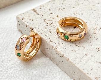 18K Gold Dainty Colorful CZ Earrings Hoop,Minimalist Starlight Huggie Hoops,Everyday Star Sparkle Earrings,Birthday Christmas Gifts For Her