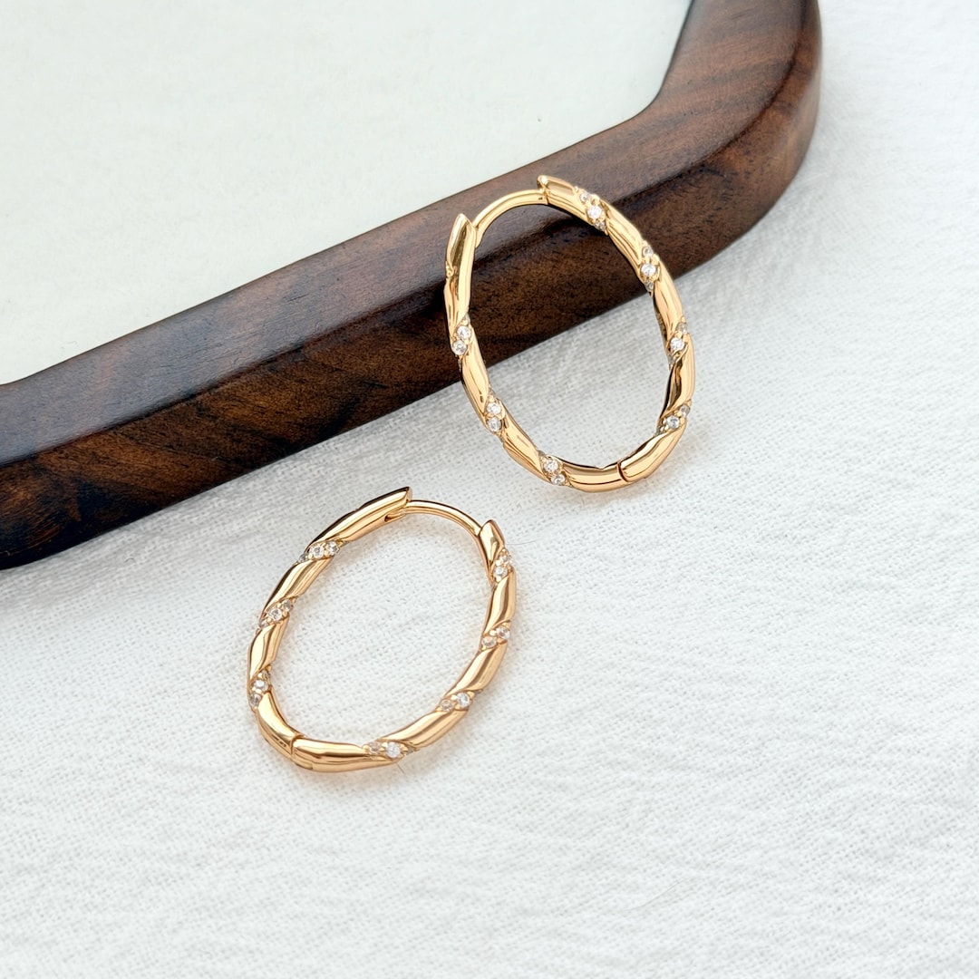 18K Gold Vintage Twisted Rope Hoop CZ Earrings,minimalist Starlight ...