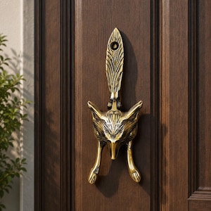 May include: A polished brass door knocker shaped like a fox head with a vertical tail piece that acts as the striking element. The fox features detailed facial engravings and two front paws extending downward, mounted on a dark brown wooden door.