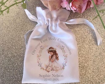 Personalised First Holy Communion Bag, Rosary Bead Bag, Communion Gift Bag, Satin Communion Bag.