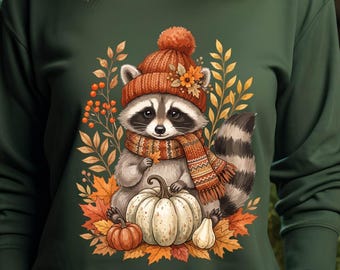 Fall Raccoon DTF Transfer, Cute Autumn Raccoon with Pumpkin, Thanksgiving DTF, Woodland Fall Shirt Design, Ready to Press Transfer
