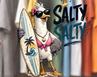 Salty Salty Seagull DTF Transfer, Funny Beach Bird Ready To Press Transfer, Coastal Summer Vacation Shirt Print, Trendy Seagull Surf Design