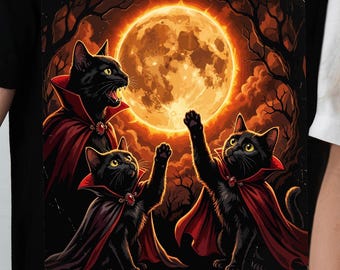 Halloween Black Cat DTF Transfer, Vampire Cat Ready to Press, Spooky Full Moon Heat Transfer, Gothic Cat DTF, Cute Halloween Shirt Design
