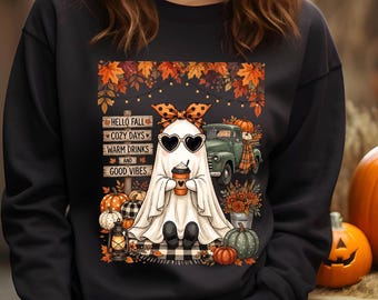 Fall Ghost DTF Transfer, Cute Halloween Ghost DTF, Cozy Autumn Ready to Press Transfer, Pumpkin Coffee Ghost Shirt Design, Fall Vibes DTF