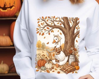 Fall Goose DTF Transfer, Cozy Autumn Reading Goose Heat Transfer, Pumpkin Book Lover DTF, Cute Thanksgiving Ready to Press Transfer