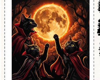 Halloween Black Cat SVG PNG, Vampire Cat Clipart, Spooky Cat Digital Download, Gothic Halloween Cat, Full Moon Cat Shirt Design