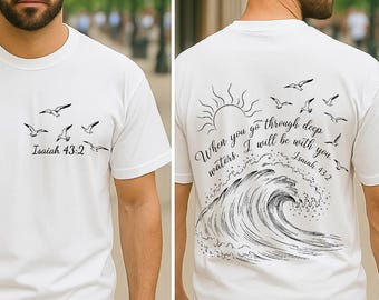 Isaiah 43:2 SVG PNG Bundle | Christian Ocean Wave Bible Verse Design | Faith Beach Shirt Graphic | Black & White Digital Download