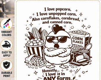 Funny Chicken Corn Lover DTF Transfer, Ready-to-Print Heat Transfer for T-shirts, Popcorn Joke DTF Print, Food Lover T-shirt Design Transfer