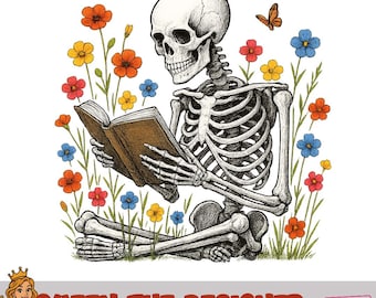 Floral Skeleton Reading Book PNG – Spooky Book Lover Design (Digital Download)